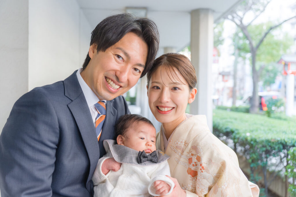 水天宮お宮参り一階での家族写真